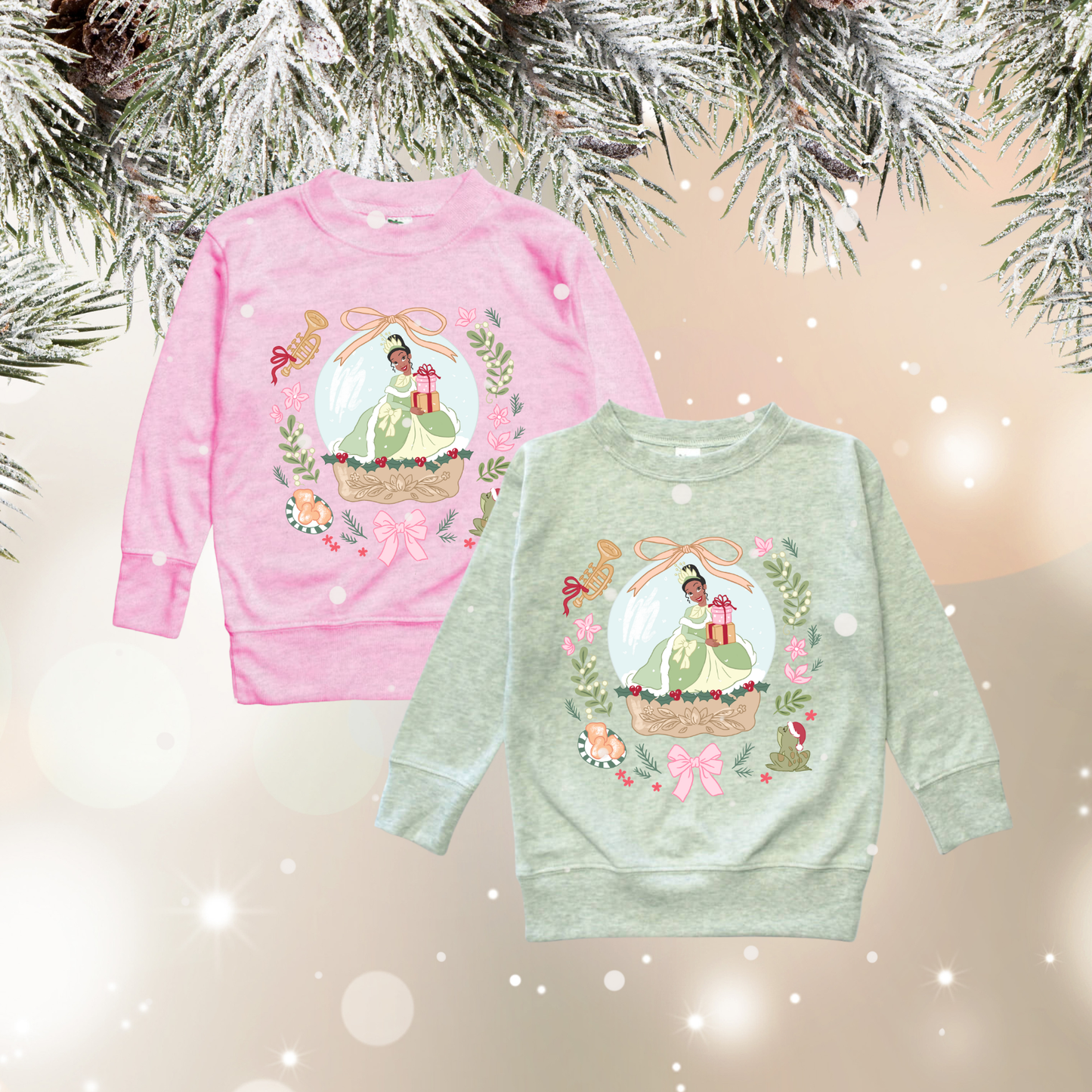 Toddler/Youth Frog Princess Christmas Crewneck (Sage & Cotton Candy)