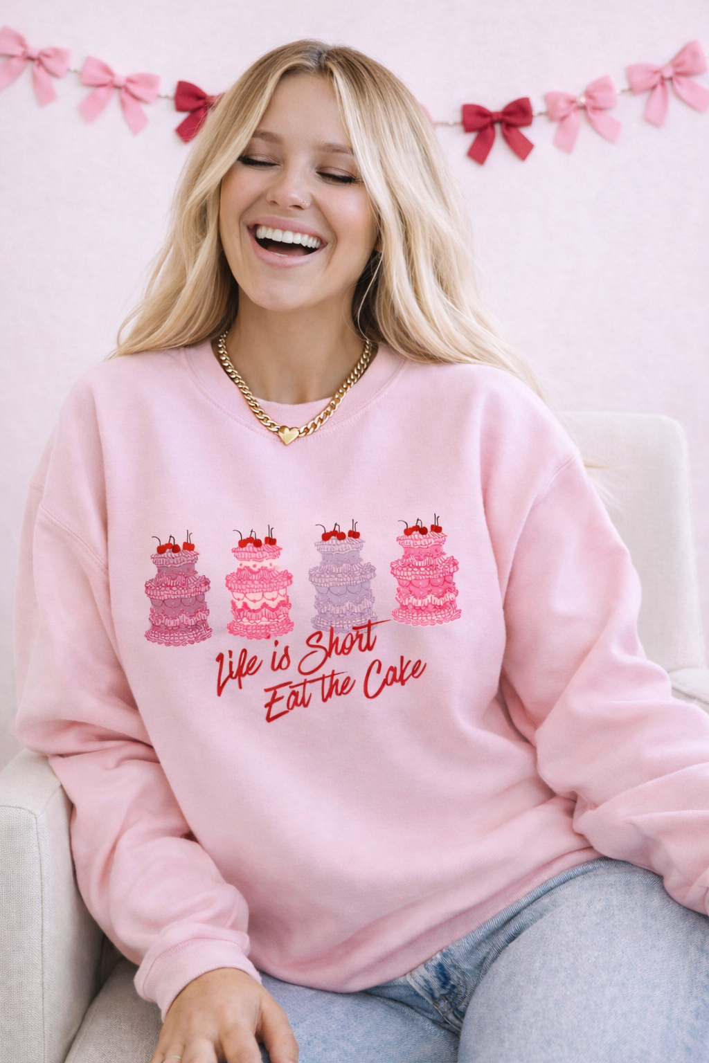Life is Short, Eat the Cake Youth/Adult Pink Sweatshirt
