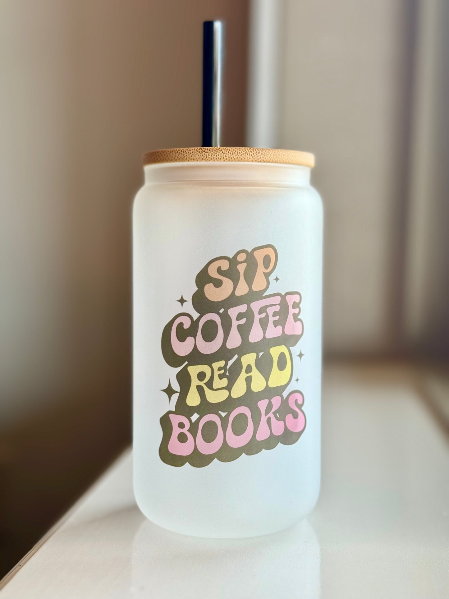 Retro Books & Coffee Frosted Glass Can