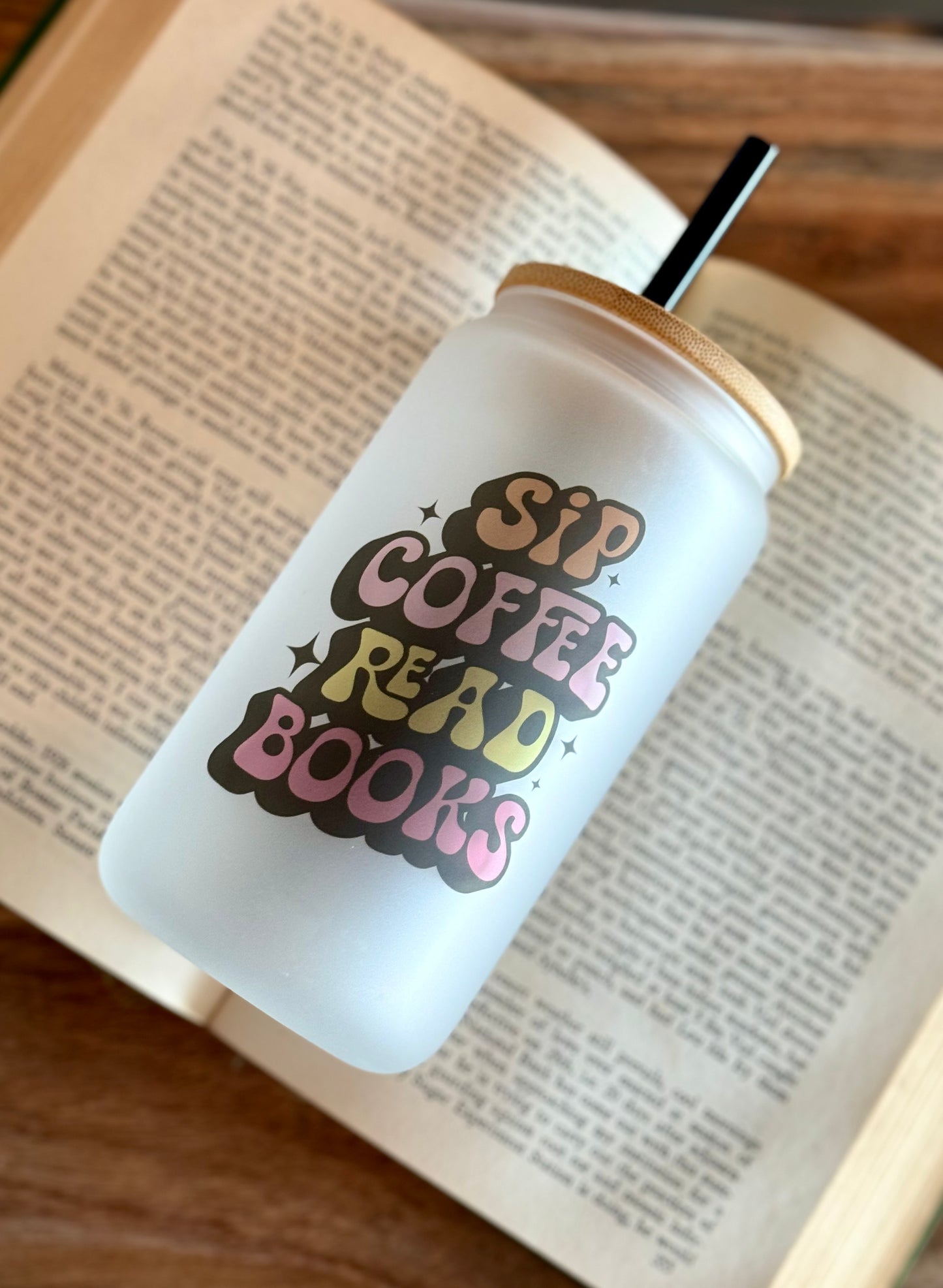 Retro Books & Coffee Frosted Glass Can