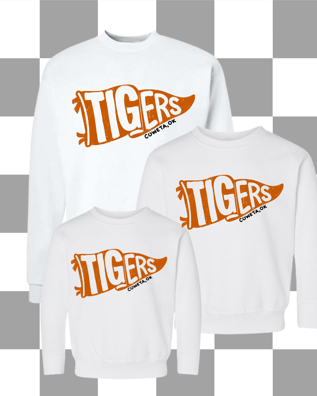 Coweta Tigers Sweatshirt Adult, youth, toddler Sizes (2 Colors Available)